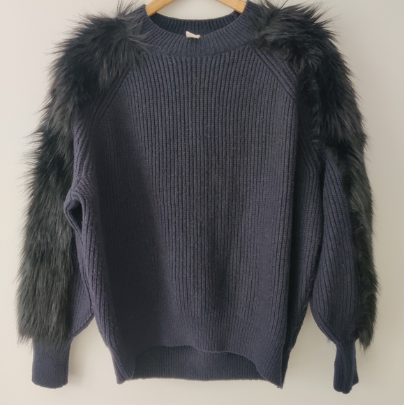 H&M Navy Knit Sweater, Black Faux Fur Sleeves - Picture 3 of 7